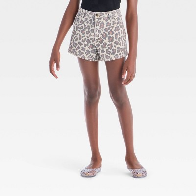 Girls' High-Rise A-Line Leopard Printed Washed Denim Shorts - art class™ Beige