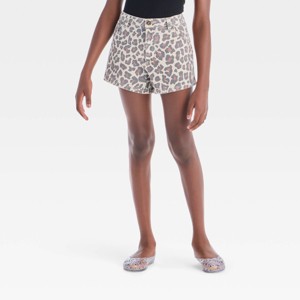 Girls' High-Rise A-Line Leopard Printed Washed Denim Shorts - art class™ Beige - 1 of 3
