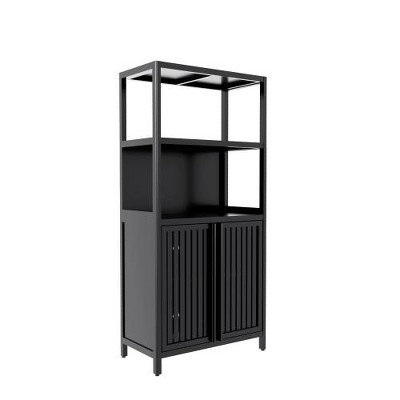 LIVAREEmlen Bamboo Baker's Racks, Freestanding Cabinet with 2 Doors, Floor Cabinet Organizer for Living Room, Kitchen, Entryway