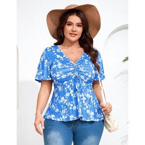 Coolmee Women's Plus Size Shirts V Neck Front Drawstring Casual Tunic Tops Short Sleeve Tightened Waist Floral Print Swing Blouse 4XL Blue - 1 of 4