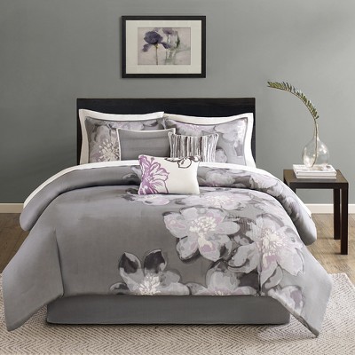 7 Pcs Elegant Watercolor Floral Print Cotton Comforter Set, All Season Chic Transitional Look Home Textile for Lux Bedroom Decor