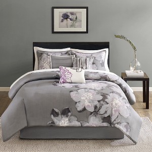 7 Pcs Elegant Watercolor Floral Print Cotton Comforter Set, All Season Chic Transitional Look Home Textile for Lux Bedroom Decor - 1 of 4