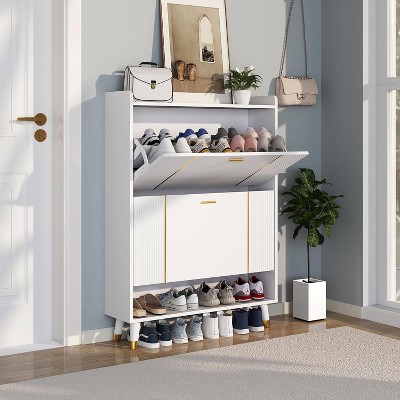 TIRAMISUBEST White Shoe Cabinet with 2 Flip Drawers - Space Saving Hidden Shoe Storage Organizer for Entryway, Hallway or Living Room
