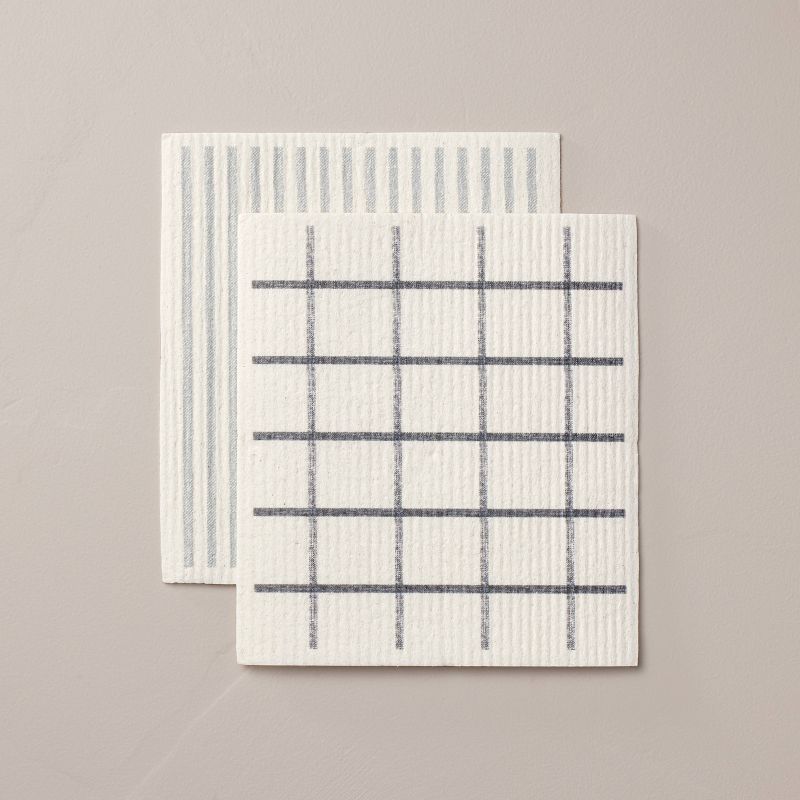 Grid &#38; Stripe Reusable Dishcloth Sponges Gray/Blue/Cream (Set of 2) - Hearth &#38; Hand&#8482; with Magnolia, 1 of 5