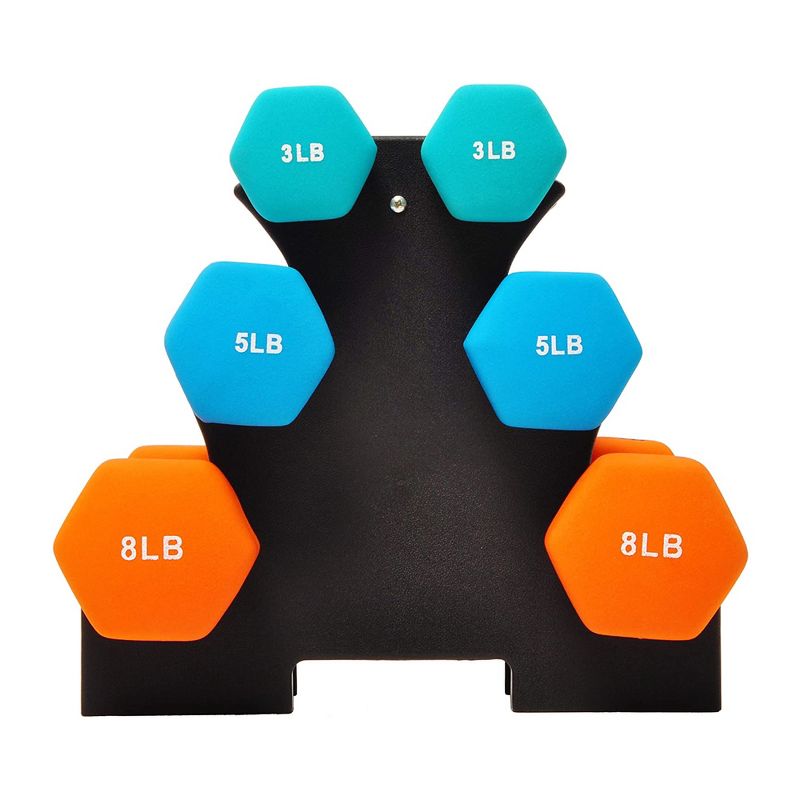 BalanceFrom Fitness 3 Pair Neoprene Coated Hexagon Shaped Dumbbell Set with 3, 5, and 8 Pound Hand Weights, Weight Stand, and Assembly Tool, 2 of 7
