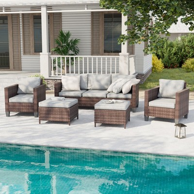 Sonkuki 5-Piece Patio Conversation Sofa Set Brown Rattan with Widen Armrest