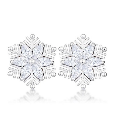 ShineHigh .6 Ct Rhodium Plated Marquise CZ Snowflake Earrings – Clear & Aqua Blue Stone Variants – Elegant Holiday-Inspired Design with Precision Cut
