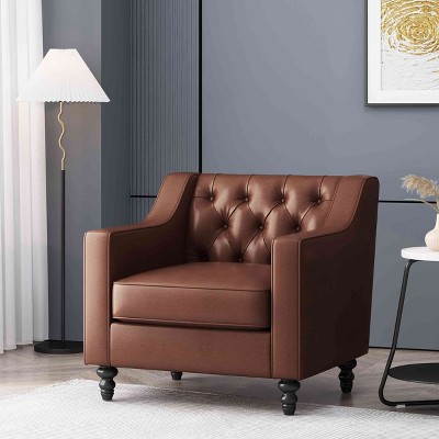 CAVINAS PU Leather Accent Chair with Button Tufted Backrest and Birch Legs,Upholstered Living Room Chairs,Reading Chairs for Living Room