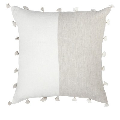 Natural Beige and White Linen Tassel Throw Pillow