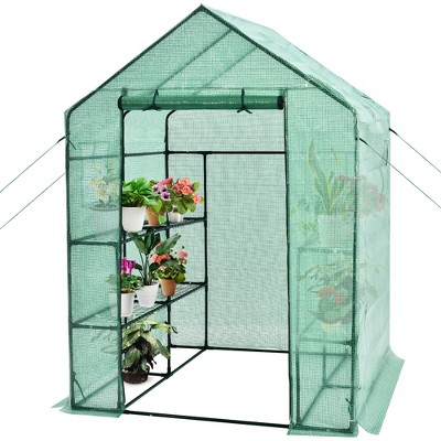 Costway Walk-in Greenhouse 56''x56''x77'' Gardening w/Observation Windows 2 Tier 8 Shelves