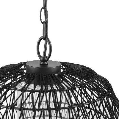 Matte Black Woven Fabric Outdoor Pendant Light with Glass Globe