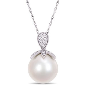 EVERLY JEWELRY | 10K White Gold 11-12mm Cultured Freshwater Pearl and 1/10 CT TW Diamond Pendant with Chain - 17 inch - 1 of 4