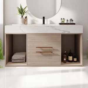 Mshliw 39.4 Inch Wall Mounted Bathroom Vanity with Ceramic Sink, Floating Vanity with White Slate Top and 2 Drawers - 1 of 4
