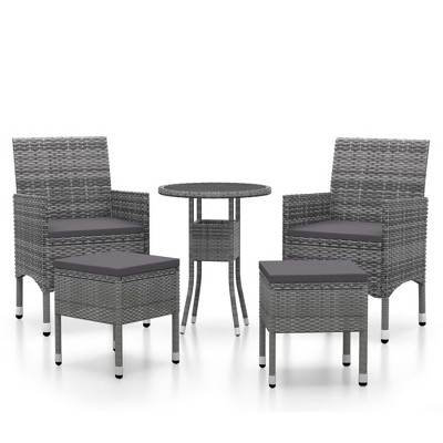 vidaXL 5-Piece Patio Lounge Set - Gray Poly Rattan Furniture with Tempered Glass Tabletop - Outdoor Chairs & stools for Garden