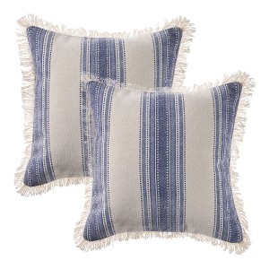HomeRoots Set of Two 18" Blue and Cream Cotton Throw Pillows with Fringe - 1 of 4