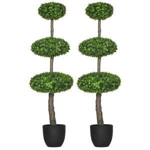 Okak Artificial Boxwood Topiary Trees with Round Shape Top and Slender Stems, Artificial Tree with Black Plastic Pot, Faux Tree Set of 2, Green - 1 of 4