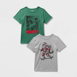 Kids' 2pk Adaptive Short Sleeve Christmas 'Dino Party/Santa Skate' Graphic T-Shirt - Cat & Jack™ Pine Green/Heather Gray - 1 of 3