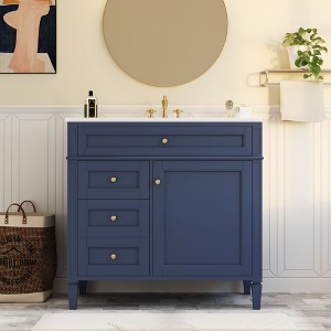 Okak 36" Multi-function Vanity for Small Bathroom with Sink Free Standing Bath Cabinet with Soft Closing Door, 2 Drawers & 1 Tip-out Drawer, Blue - 1 of 4