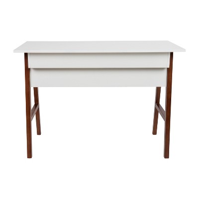 White Laminate Top Writing Desk with Walnut Frame and Drawer