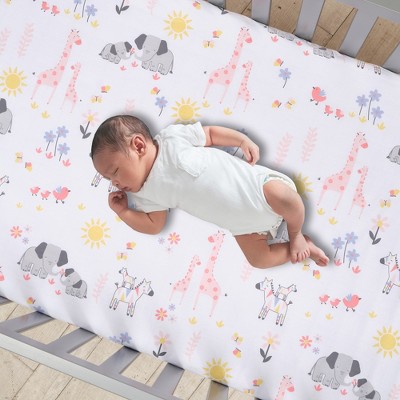 White Cotton Toddler Crib Sheet with Jungle Animals and Butterflies