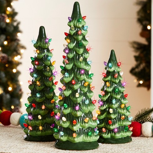 Best Choice Products Set of 3 Pre-Lit Hand-Painted Ceramic Tabletop  Christmas Trees w/ Multicolor Lights - Green