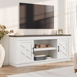 Farmhouse TV Stand for 70/75 Inch TVs, 69 in Long Entertainment Center w/ 2 Door &Open Storage Shelf, Rustic Fluted Television Consoles Stands - 1 of 4