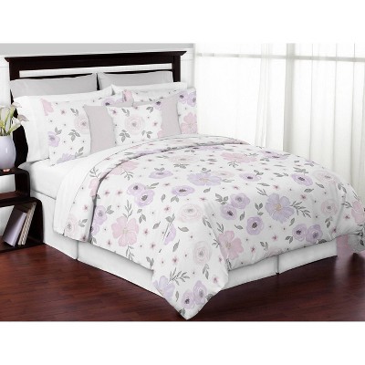 3pc Queen Bedding set Sweet Jojo Designs Watercolor Floral Lavender/Gray - SWeet Jojo Designs