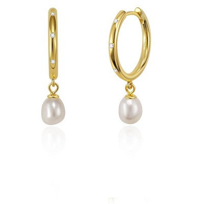 Molenia Pearl Earrings for Women, 14K Gold Plated Pearl Hoop Drop Dangle Earrings, Sterling Silver CZ Everyday Wedding Jewelry Brides Bridesmaid Gifts