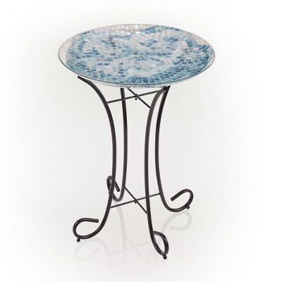 Blue Mosaic Glass Birdbath with Metal Stand, 24" Tall