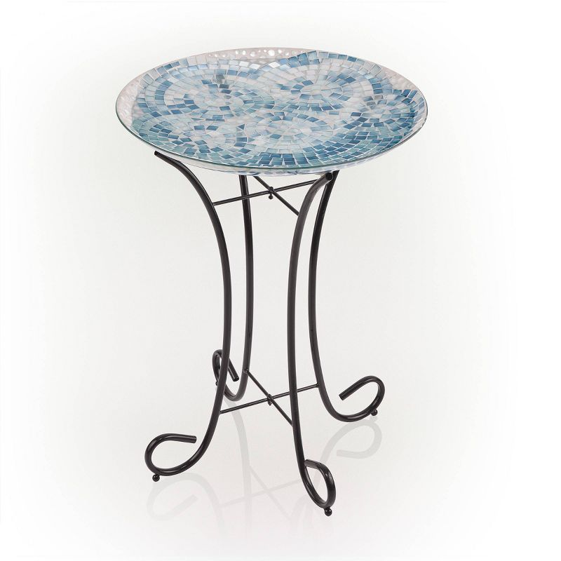 23&#34; Outdoor Mosaic Glass Birdbath Bowl with Metal Stand Blue - Alpine Corporation, 4 of 9