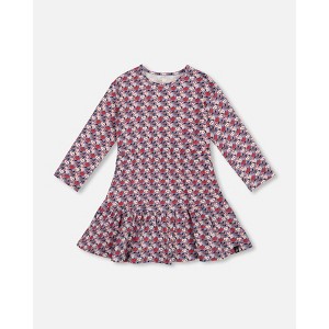 Deux par Deux Girl Organic Cotton Dress with Flounce Hem Blue Apple Print - 1 of 4