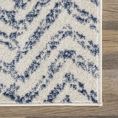 Reversible Geometric Blue Round Easy-Care Synthetic Rug