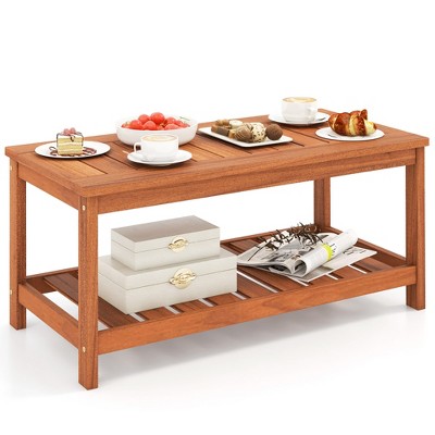 Tangkula Hardwood Outdoor Patio Coffee Table 2-Tier Coffee Table w/ Slat Tabletop & Storage Shelf Natural