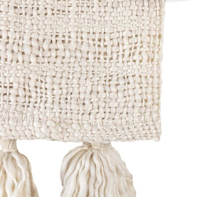Handwoven Cream Polyester Throw Blanket with Tassels