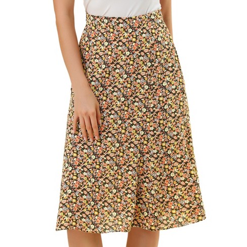 Allegra K Women's Print Peasant Elastic Waist A-line Midi Skirts Brown ...
