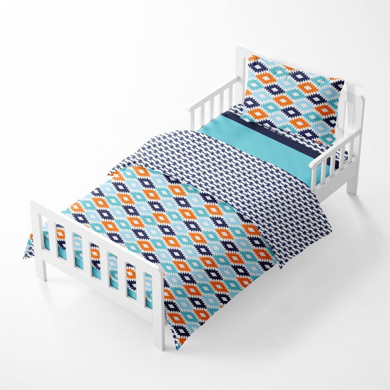 Bacati - Aztec Print Liam Aqua Orange Navy 4 pc Toddler Bedding Set, 3 of 9