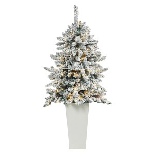 Nearly Natural 4.5’ Flocked Livingston Fir Prelit LED Artificial Christmas Tree with Pine Cones in Tall White Planter - 1 of 1