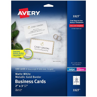 Avery Business Cards 2" x 3 1/2" White/Gold 10 Cards/Sheet 10 Sheets/Pack 100 Cards/Pack (3327)