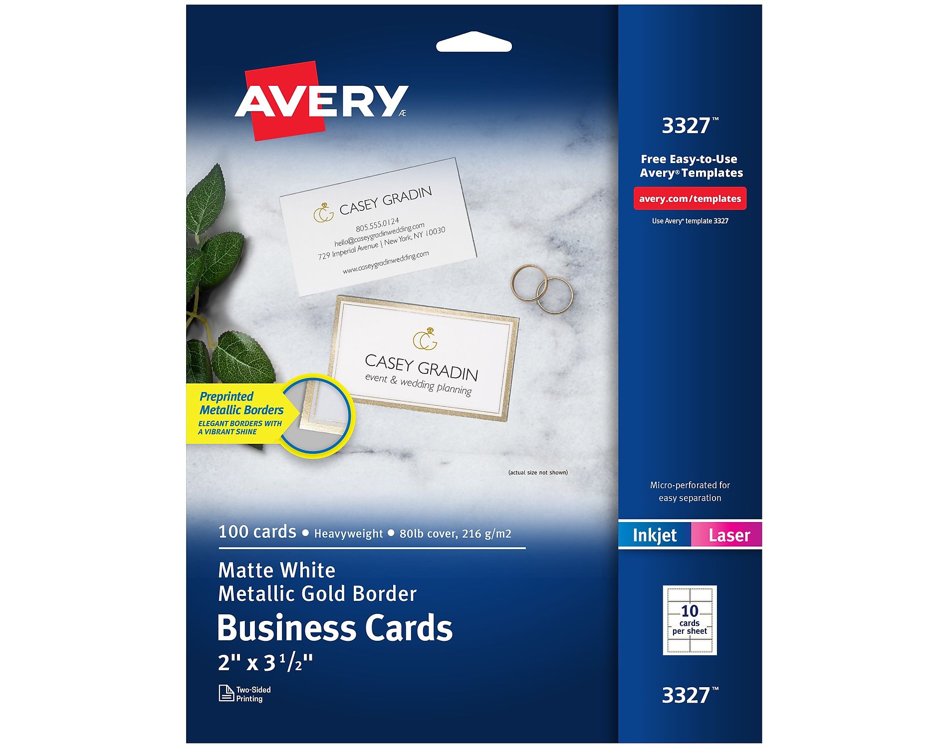 Avery Business Cards 2" x 3 1/2" White/Gold 10 Cards/Sheet 10 Sheets/Pack 100 Cards/Pack (3327)