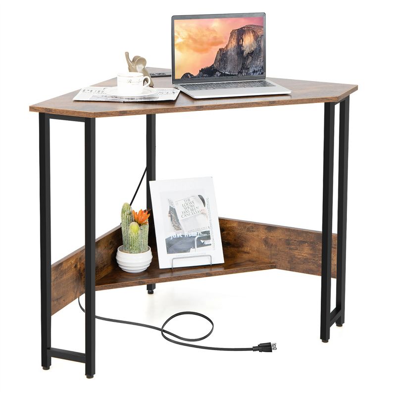 Costway Triangle Computer Desk Corner Desk Home Office with Power Outlets USB Ports Black/Rustic, 1 of 11