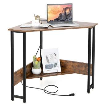 Costway Triangle Computer Desk Corner Desk Home Office with Power Outlets USB Ports Black/Rustic