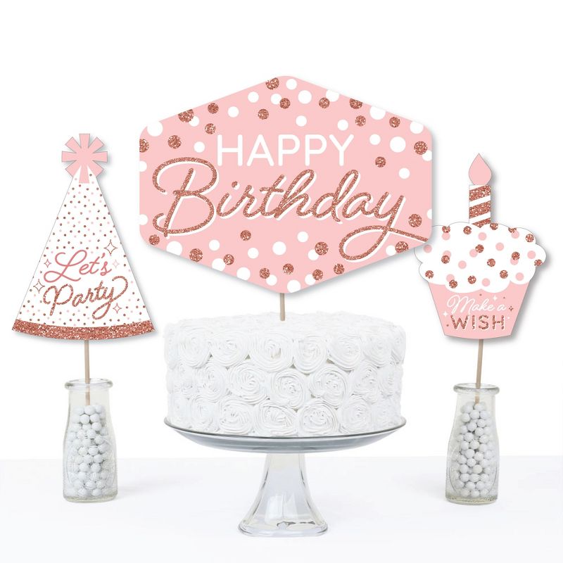 Big Dot of Happiness Pink Rose Gold Birthday - Happy Birthday Party Centerpiece Sticks - Table Toppers - Set of 15, 3 of 8