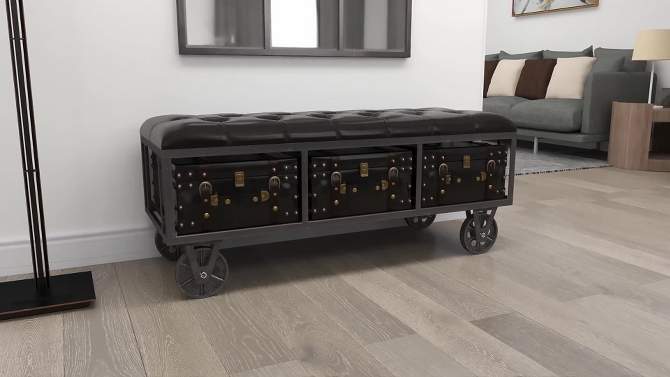 Industrial Wood and Faux Leather Storage Bench On Wheels Black - Olivia &#38; May, 2 of 33, play video