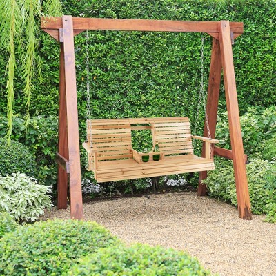 Costway 2-seat Wood Swing Bench With Folding Cup Holder And Sturdy ...