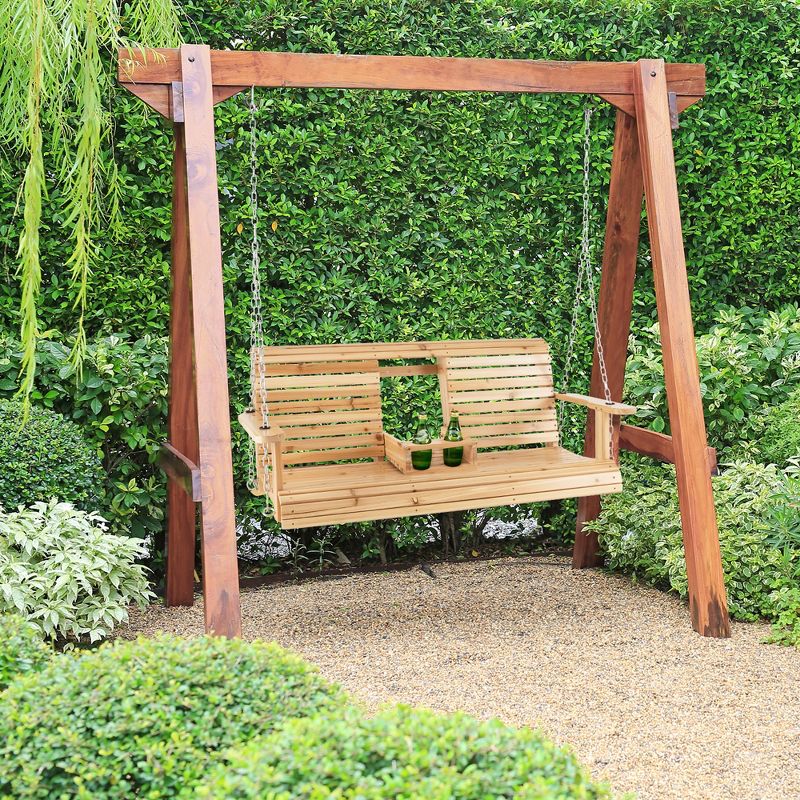 Costway 2-seat Wood Swing Bench with Folding Cup Holder and Sturdy Metal Hanging Chains, 1 of 11