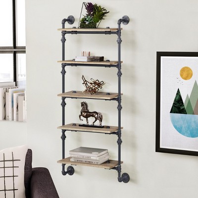 INFURNIC Decorative Wall Shelf Industrial 5-Tier Water Pipe Frame for Display and Storage Stylish Space-Saving, Black, 28.5"*9.5"*59.5"