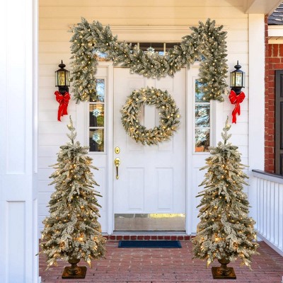 Lycvki Pre-lit Christmas Artificial Tree 4-Piece Set with Garland, Wreath and Set of 2 Entrance Trees