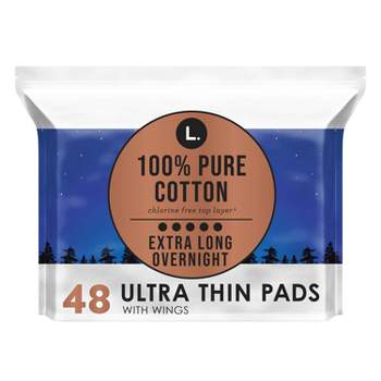 L . Pure Cotton Chlorine Free Top Layer Ultra Thin With Wing Overnight Unscented Absorbency Pads With Wings - 48ct