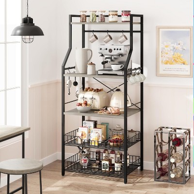 Kitchen Bakers Rack with Large Wire Baskets & 8 Hooks, Industrial Microwave Oven Stand Coffee Bar Station, Kitchen Utility Storage Shelf