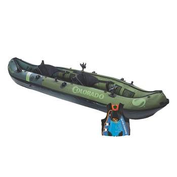 Sevylor Colorado 2 Person Inflatable Kayak w/Adjustable Seats, Green & Stearns Men's V2 Series Neoprene V-Flex Life Jacket Vest, Blue, 2XL